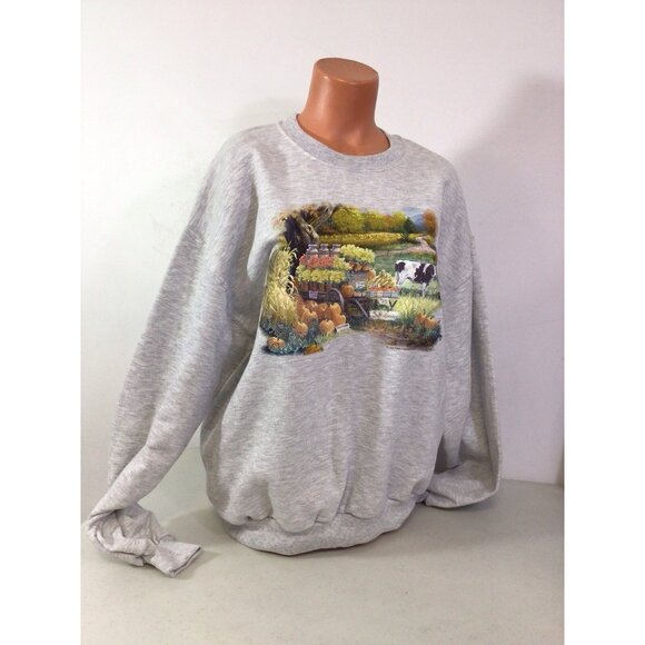 Vintage Cow Print Sweatshirt Pumpkins Fall Scene Womens Large - Picture 4 of 6